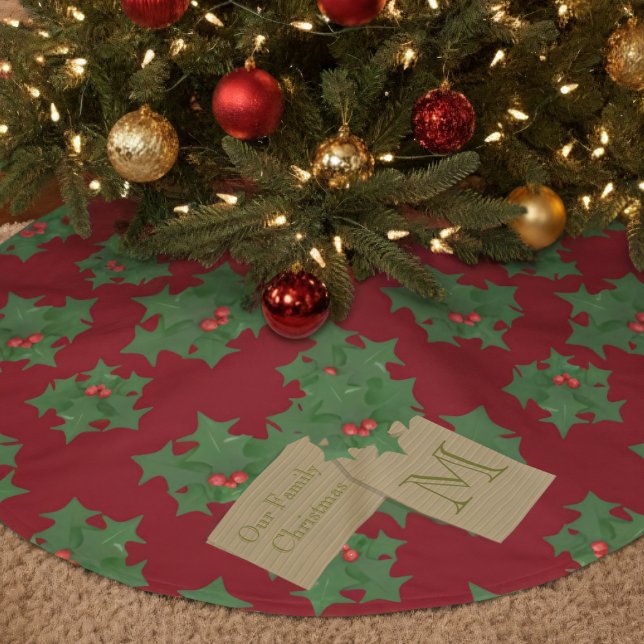 Red and Green Holly Monogram Christmas Tree Skirt (Festive tree skirt with a green holly pattern with red berries & space for your family name/initial)