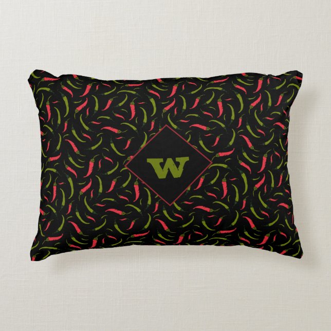 Red and Green Hot Chilli Pepper Design on Black Decorative Cushion (Front)