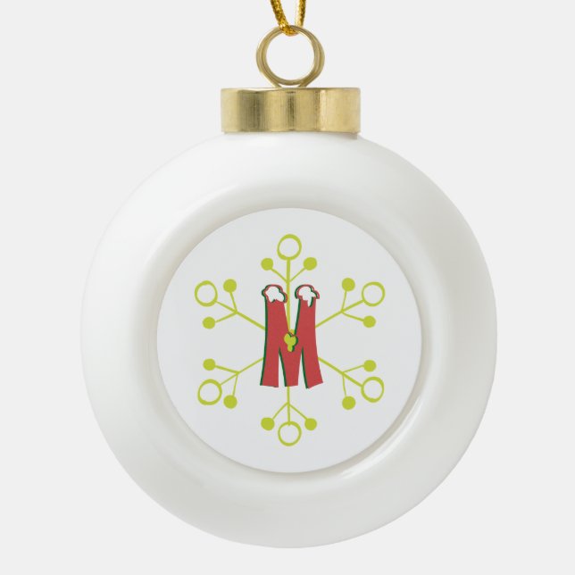 Red And Green Initial Snow flake Tree Ceramic Ball Christmas Ornament (Front)