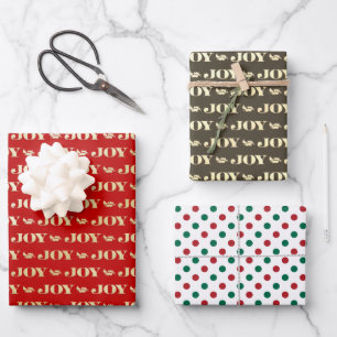 Red and Green Joy and Polka Dots Christmas Wrapping Paper Sheet