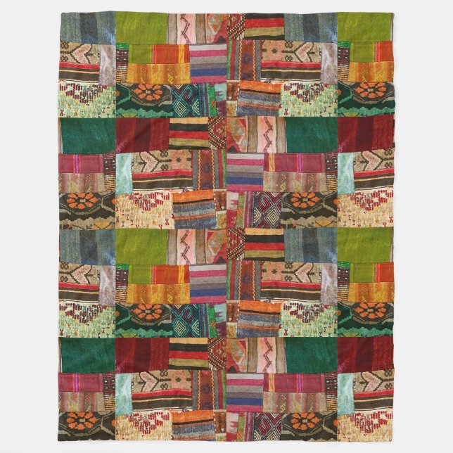 Red and Green Kilim Design Patchwork Tapestry Fleece Blanket (Front)
