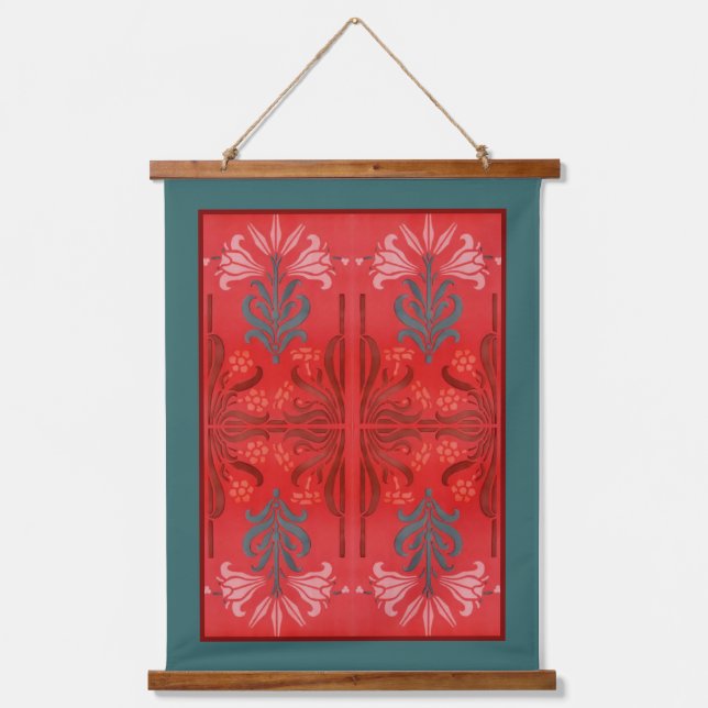Red And Green Lily Floral Stencil Art Abstract Hanging Tapestry (Front)