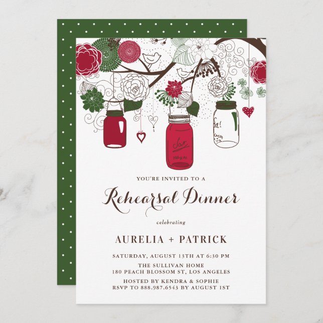 Red and Green Mason Jars Rehearsal Dinner Invitation (Front/Back)