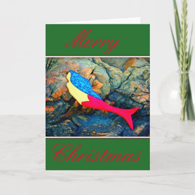 red and green mermaid Merry Christmas Holiday Card (Front)