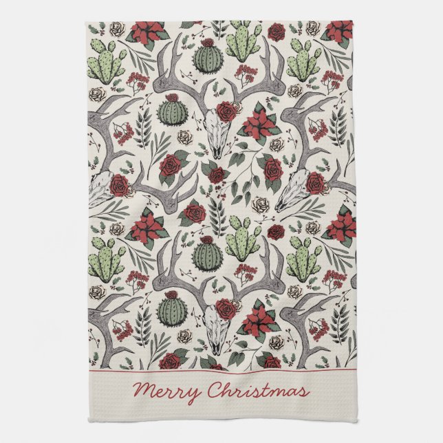 Red and Green Merry Christmas Country Cowgirl Tea Towel (Vertical)