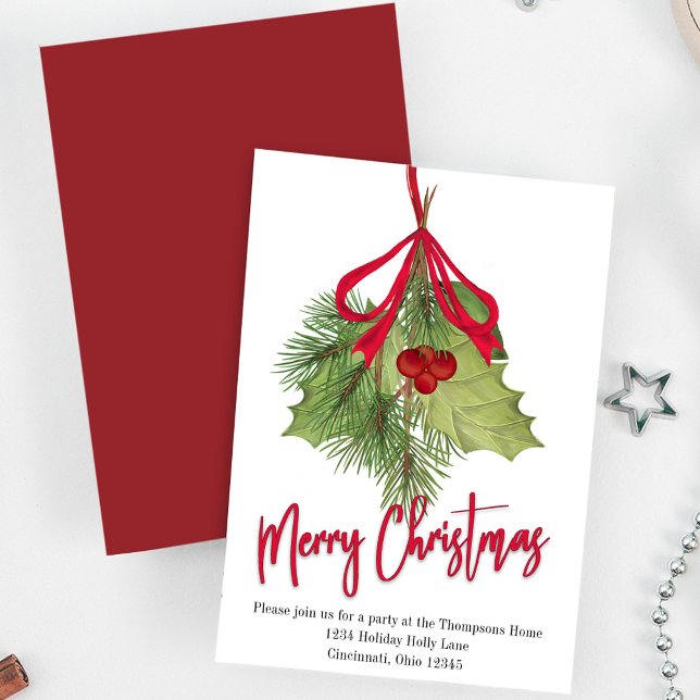 Red and Green Merry Christmas Party Template (Merry Christmas calligraphy party invitation with watercolor winter greenery and foliage. )
