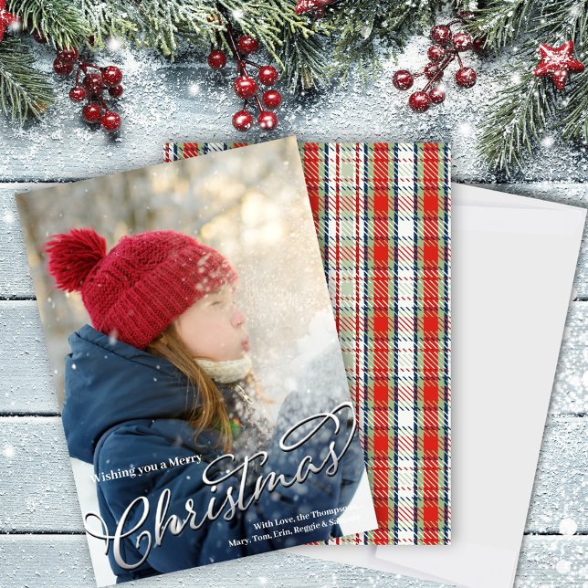 Red and Green Merry Christmas Plaid Photo Holiday Card (Merry Christmas Holiday Photo card with red and green plaid. )