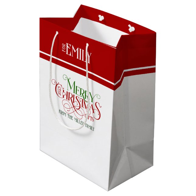 Red and Green Merry Christmas Retro Typography Medium Gift Bag (Back Angled)