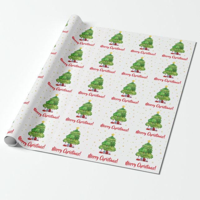 Red and Green Merry Christmas Tree wrapping paper (Unrolled)
