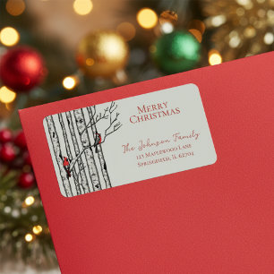 Red and Green Merry Xmas Cardinals Birch Branches Label