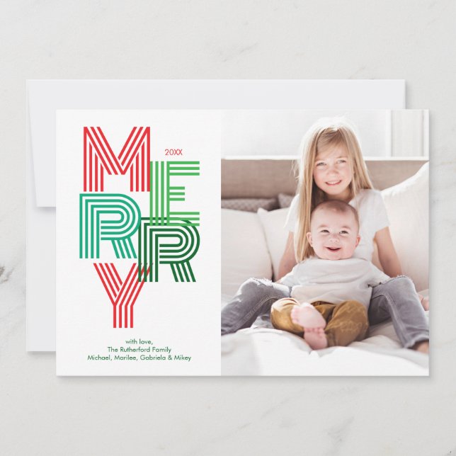 Red and Green Modern MERRY Christmas Holiday Card (Front)