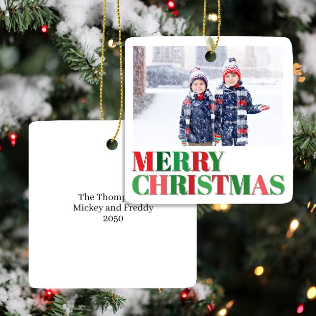 Red and Green Modern Photo Custom Ceramic Ornament (Merry Christmas Holiday Photo Custom Ornaments.)