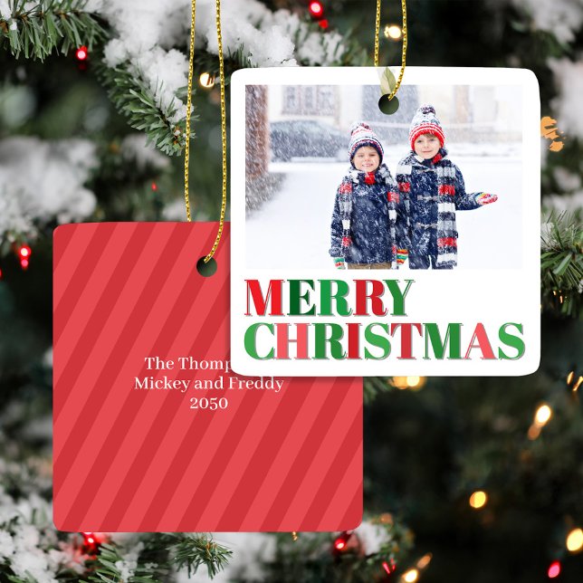 Red and Green Modern Photo Custom Ceramic Ornament (Merry Christmas Red and Green Typography Photo Ornament.)