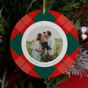 Red and Green Modern Plaid Family Photo Christmas Ceramic Tree Decoration