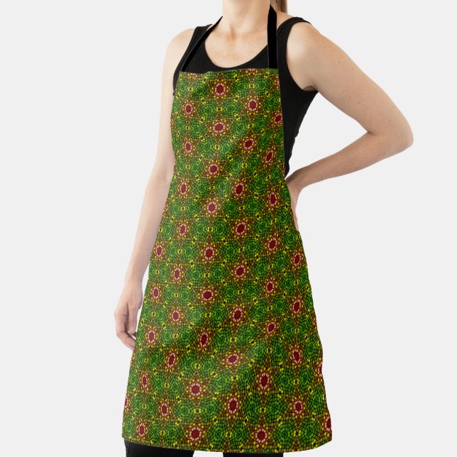 Red and Green mosaic style pattern apron (Insitu)