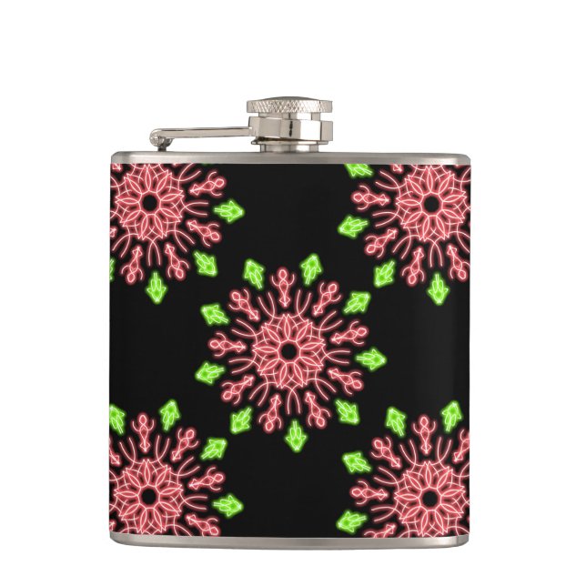 Red and green neon flower hip flask (Front)