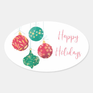 Red and Green Ornaments Holiday Message Oval Sticker