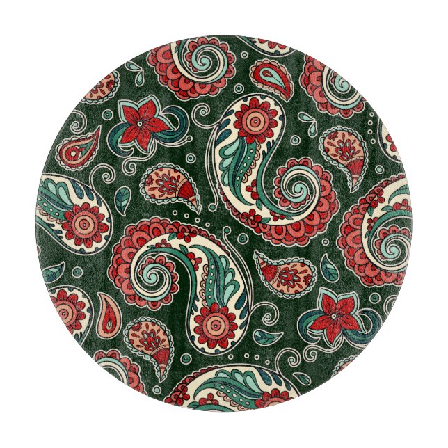 Red and Green Paisley Round Cutting Board (Front)