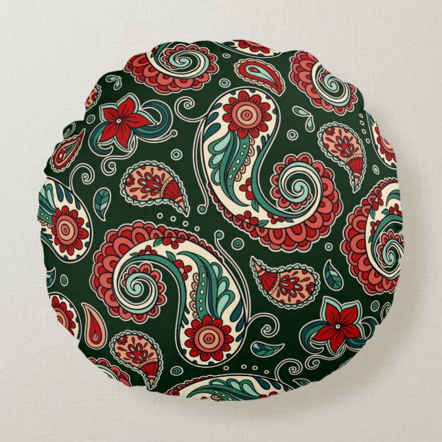 Red and Green Paisley Round Pillow (Front)