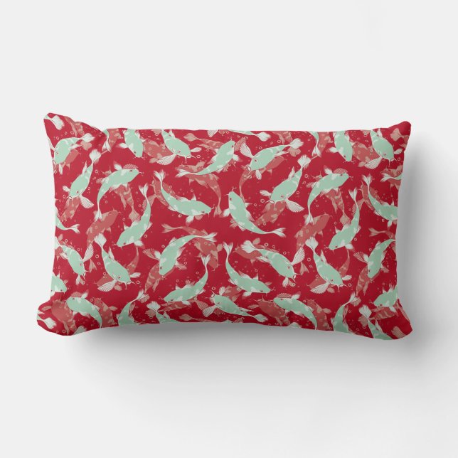 Red and Green Pattern - Koi Fish Lumbar Cushion (Front)