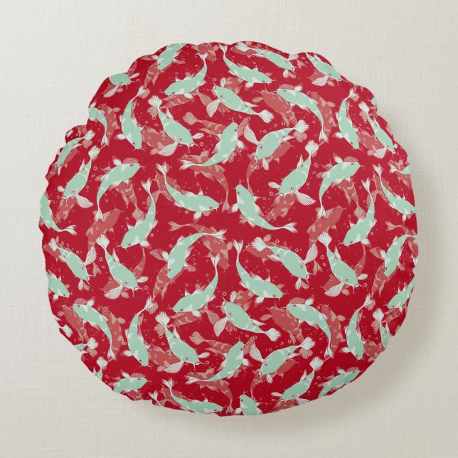 Red and Green Pattern - Koi Fish Round Cushion (Front)