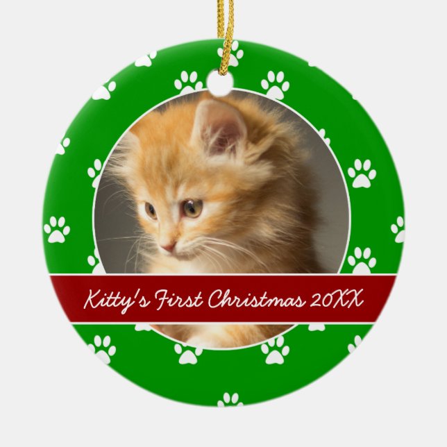 Red and Green Paw Prints Kitty's First Christmas Ceramic Tree Decoration (Front)