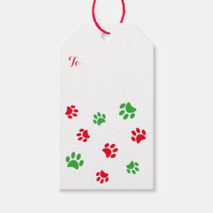 Red and Green Paw Prints Pattern Christmas Gift Tags