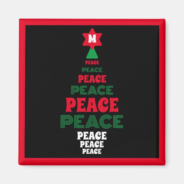 Red and Green Peace Christmas Tree Single Initial Magnet (Front)