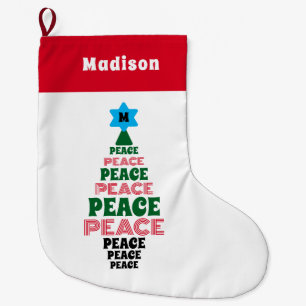 Red and Green Peace Christmas Tree White Add Name Large Christmas Stocking