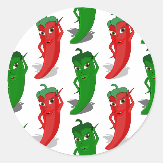 Red And Green Pepper Divas Cartoon Pattern Classic Round Sticker (Front)