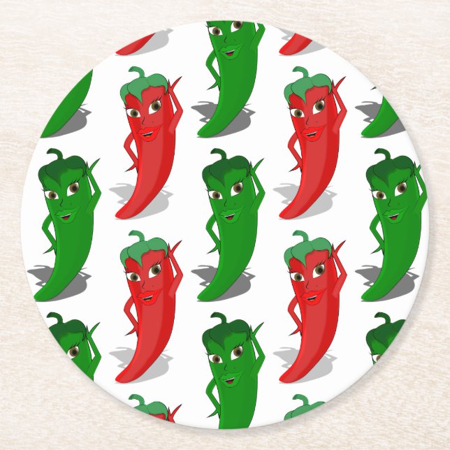 Red And Green Pepper Divas Cartoon Pattern Round Paper Coaster (Front)