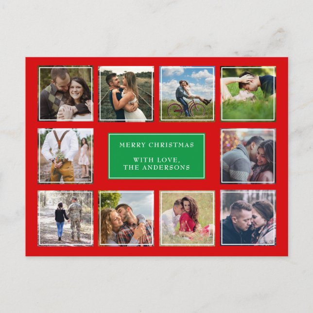 Red and Green Photo Collage Christmas Postcard (Front)