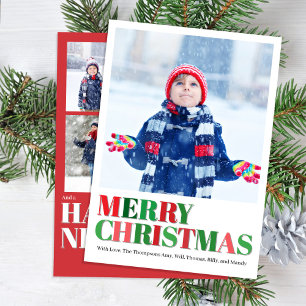 Red and Green Photo Collage Merry Christmas Holiday Card