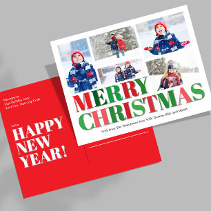 Red and Green Photo Collage Merry Christmas Holiday Postcard
