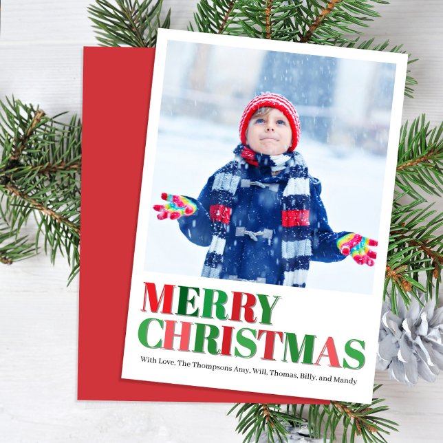 Red and Green Photo Merry Christmas Holiday Card (Merry Christmas photo card with bold red and green lettering.)