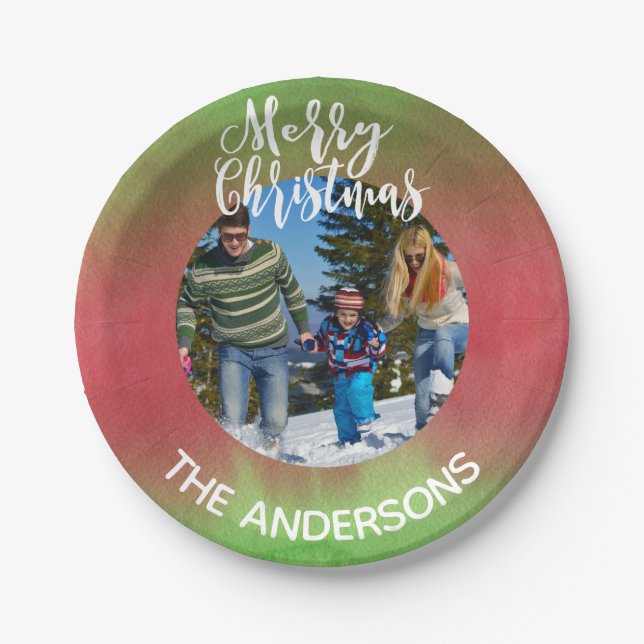 Red and Green Photo Merry Christmas Party Paper Plate (Front)