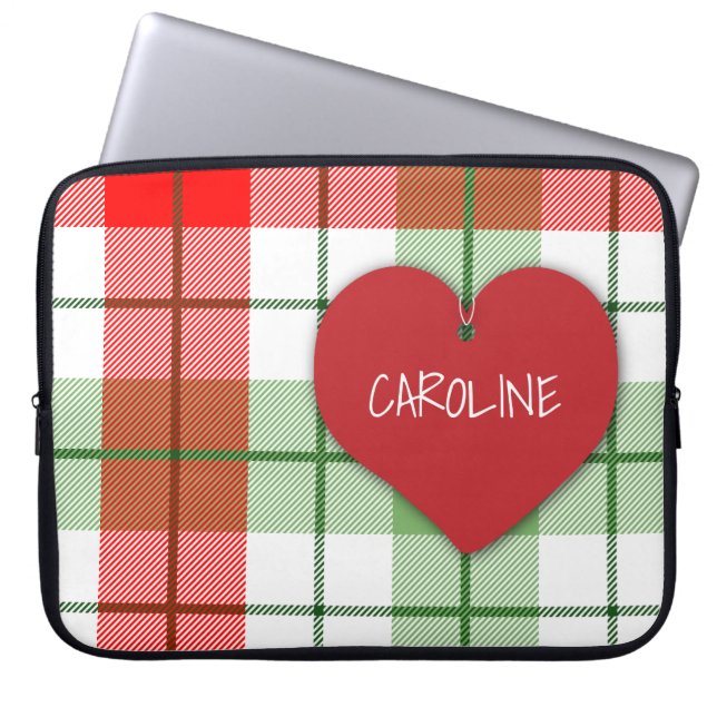 Red and Green Plaid and Heart Laptop Sleeve (Front)