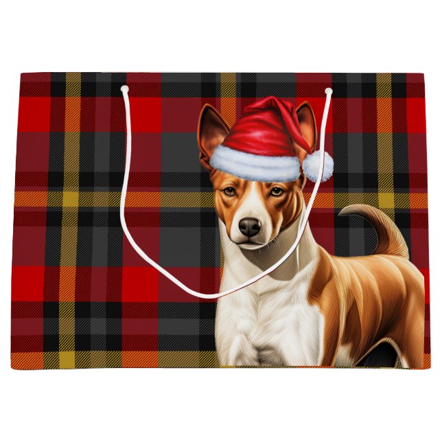 Red and Green Plaid Basenji Dog Holiday Large Gift Bag (Front)