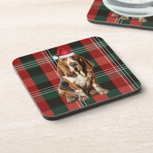Red and Green Plaid Basset Hound Dog Christmas Coaster (Left Side)