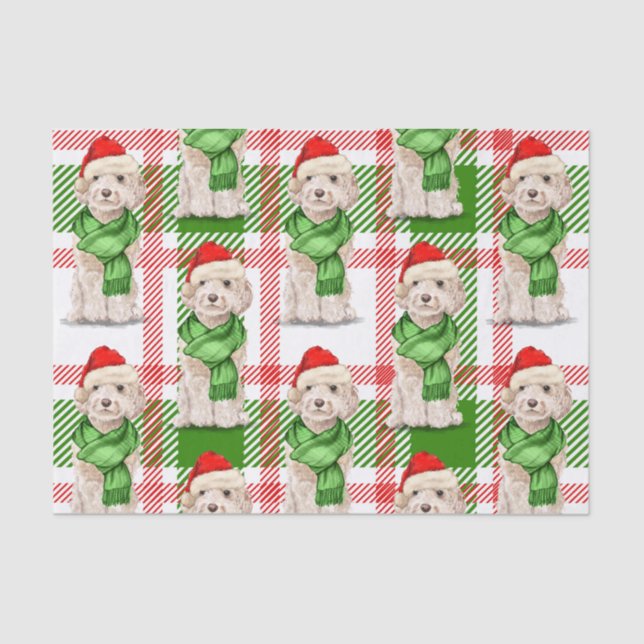 Red and Green Plaid Champagne Cockapoo Christmas Tissue Paper (Front)