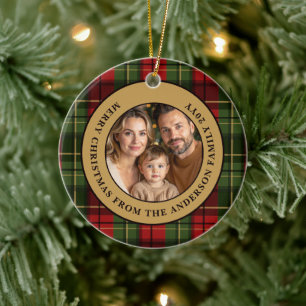 Red And Green Plaid Custom Family Photo Christmas Ceramic Tree Decoration