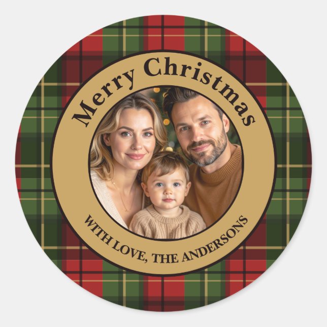Red And Green Plaid Custom Family Photo Christmas Classic Round Sticker (Front)