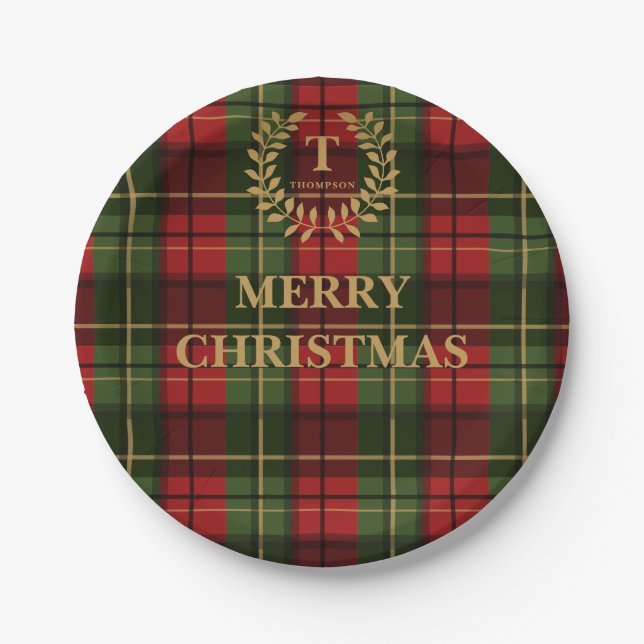 Red And Green Plaid Family Name Christmas Paper Plate (Front)
