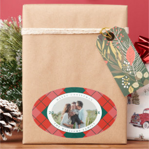 Red and Green Plaid Family Photo Merry Christmas Oval Sticker