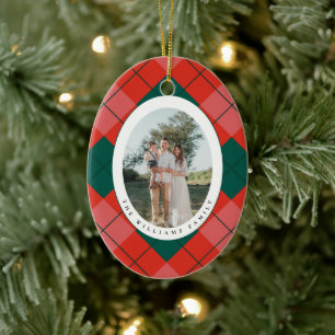 Red and Green Plaid Family Photo Oval Christmas Ceramic Tree Decoration