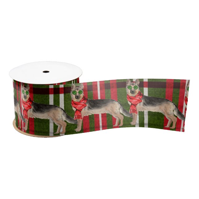 Red and Green Plaid German Shepherd Christmas Satin Ribbon (Spool)