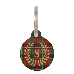 Red And Green Plaid Laurel Wreath Monogram Pet Tag