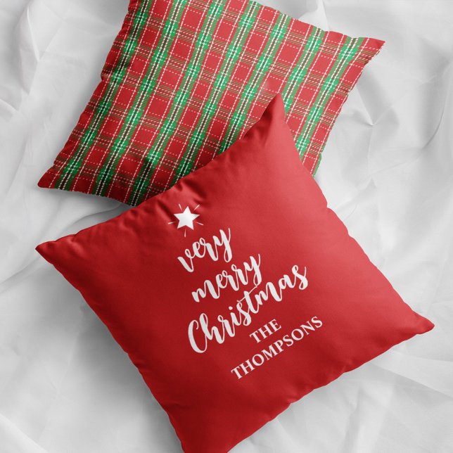 Red and Green Plaid Merry Christmas Custom Cushion (Merry Christmas red plaid custom throw pillow)