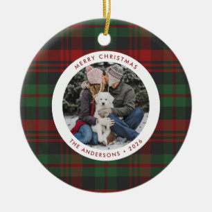 Red and Green Plaid Single Photo Holiday Ceramic Tree Decoration