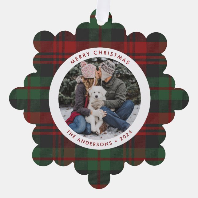 Red and Green Plaid Single Photo Holiday Tree Decoration Card (Front)